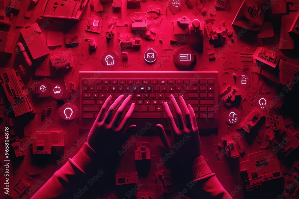 Poster digital security concept in paper cut style - person typing on keyboard with cybersecurity icons for