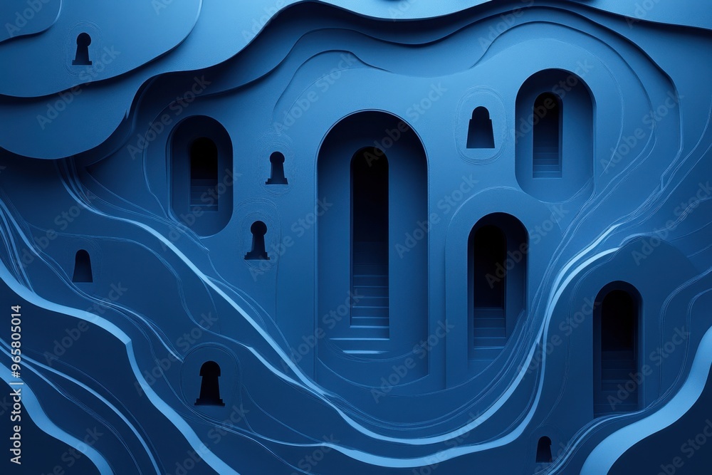 Poster cybersecurity challenge: paper cut maze with shields and locks - business concept of navigating digi
