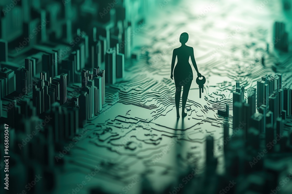 Poster digital security concept: person holding key in paper cut style next to secured network, symbolizing