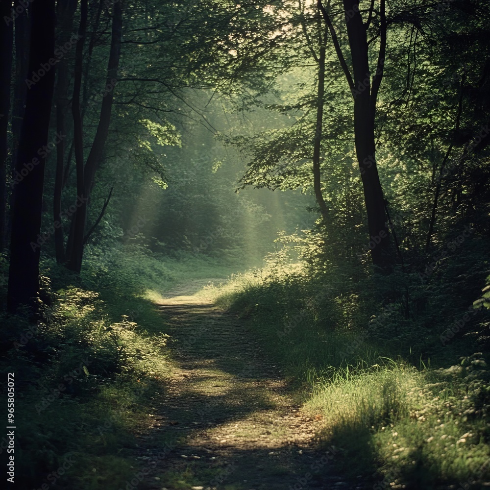 Canvas Prints A sunlit path winds through a lush, green forest.