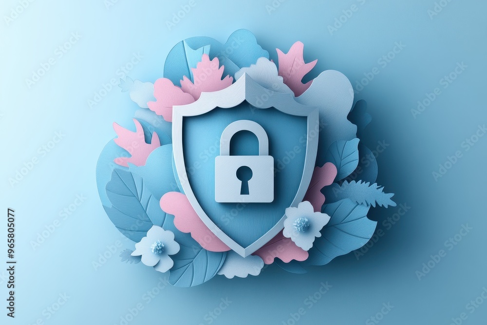 Poster cybersecurity protection concept with paper cut shield and padlock icon surrounded by digital data s