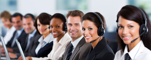 A team of customer service representatives working together in a modern office environment during the day