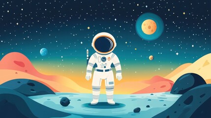 Illustration of an astronaut standing on an alien planet surface with distant planets and stars in the background, depicting space exploration.