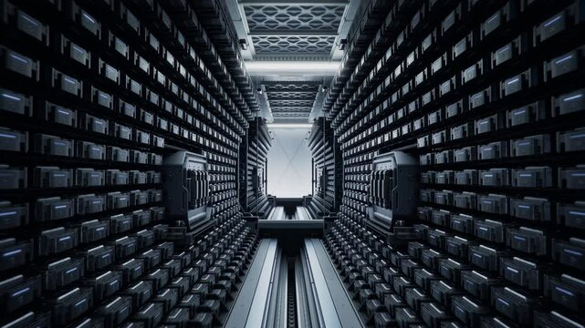 Supercomputer that Powering Massive AI Models with Rows of Blinking Drives Containing Training Data and Datasets. Advanced Storage Solution in Data Center. Cloud Computing and Processing Concept