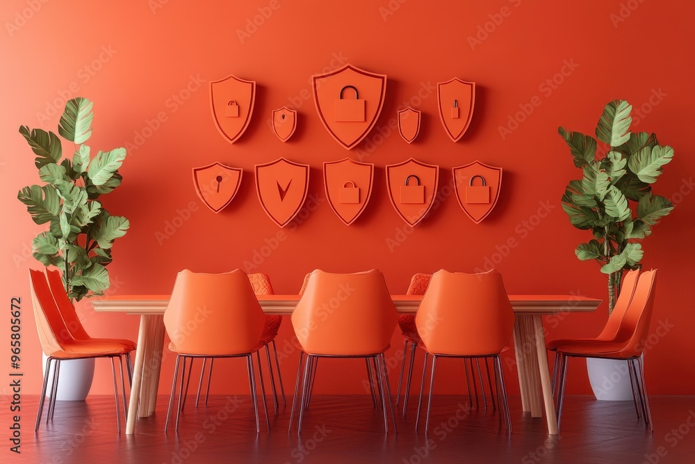 Poster secure business meeting in paper cut style with shields and locks - symbol of collaboration and comm