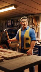 Man holding hammer, wooden planks on a table, garage in the background, carpentry and carpenter concept.