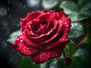 A striking red rose embellished with dew drops accompanied by soft white flowers creating a fresh and elegant scene. generated ai