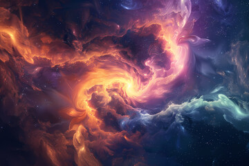 A stunning depiction of a vibrant cosmic nebula swirling with colors of orange, purple, and blue, creating a sense of endless wonder.