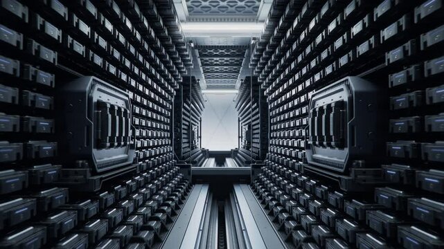 Supercomputer that Powering Massive AI Models with Rows of Blinking Drives Containing Training Data and Datasets. Cloud Computing and Processing Concept. Advanced Storage Solution in Data Center.