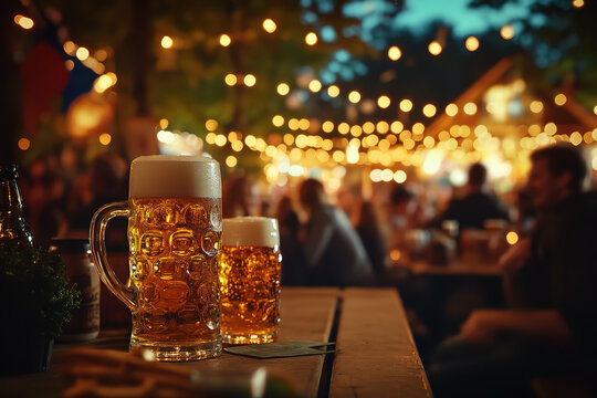 Illuminated Oktoberfest Beer Garden at Night Full of Laughter and Music  