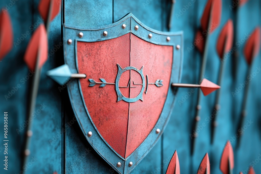 Poster cyber security shield in paper cut style deflecting arrows of malware and phishing - digital protect