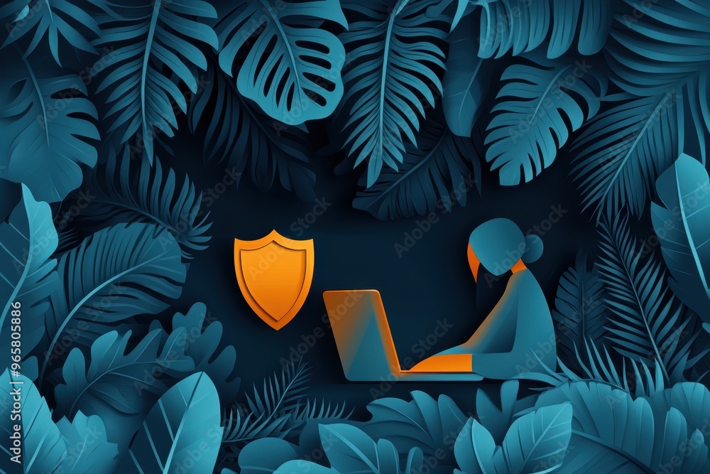 Poster digital cybersecurity concept - person using laptop with shield protection from falling threats in p