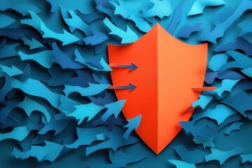 Shielding Against Cyber Threats: Paper Cut Style Illustration of Shield Blocking Arrows labeled Malware and Phishing