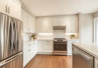 Fototapeta premium Minimalist kitchen with clean lines, white cabinets, and stainless steel appliances, creating a spacious look