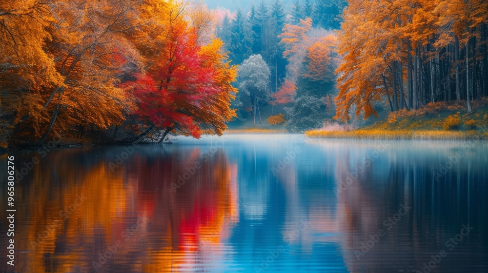 Poster tranquil lake surrounded by colorful fall trees