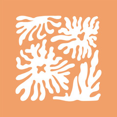 White shadows of flowers Matisse. Stylized card with silhouettes of abstract bloom plants. Floral pattern with twisted form of leaves. Botanical print with curved shape. Flat vector illustration