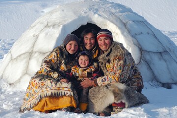 Eskimo or Inuit Family Dressed in Traditional Arctic Clothing Poses Near Their Snowy Home Igloo