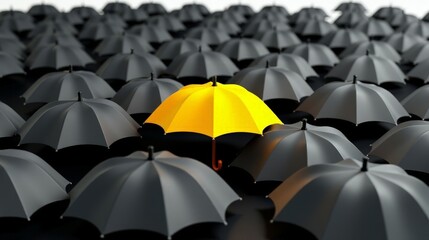 Yellow Umbrella Among Black Umbrellas Representing Uniqueness Individuality