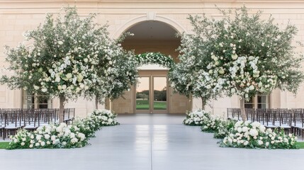 Fototapeta premium A minimalist floral installation enhances a wedding ceremony space, featuring sunlight illuminating white flowers on plinths near a beautifully arched window