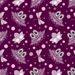 Vector illustration. Funny cartoon pond seamless pattern. Smiling frog, reed, acquatic plants, blooming lotus flower, dragonfly on bright background.