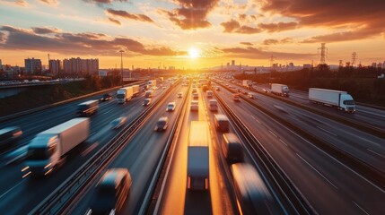 Obraz premium Busy highway at sunset with cars and trucks in motion