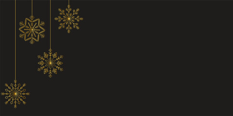 Dark background with golden snowflakes. Place for text. Greeting card, banner, poster. Vector illustration.