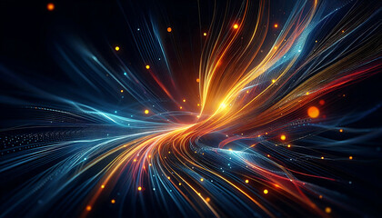 Abstract dynamic flowing lines in vibrant orange blue hues composition evokes a feeling of motion and light suggesting a digital or futuristic theme against a dark background
