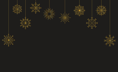 Dark background with golden snowflakes. Place for text. Greeting card, banner, poster. Vector illustration.