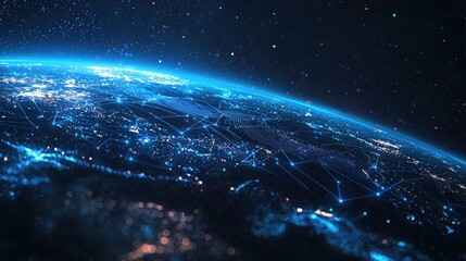 Abstract futuristic digital background with blue glowing global network and internet connections on a dark planet Earth globe. Digital technology, big data connection concept