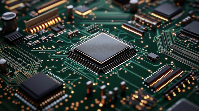 Close-up of a green printed circuit board with various electronic components, including a central black rectangular chip and surrounding integrated circuits.