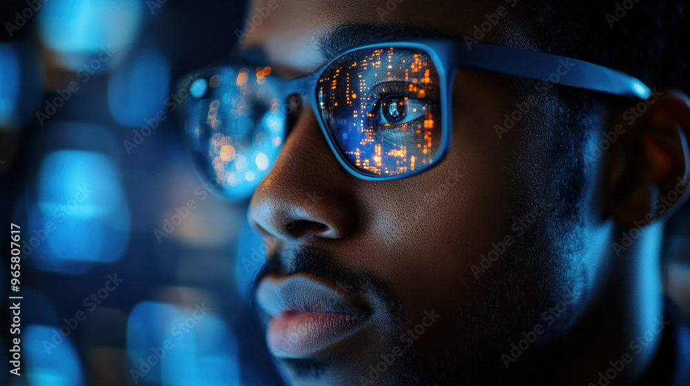 Poster ai cybersecurity threat, a black it specialist analyzes data for potential information technology pr
