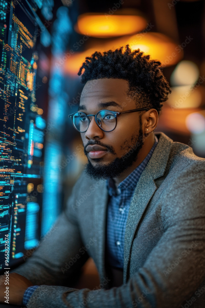 Poster ai cybersecurity threat, a black it specialist analyzes data for potential information technology pr
