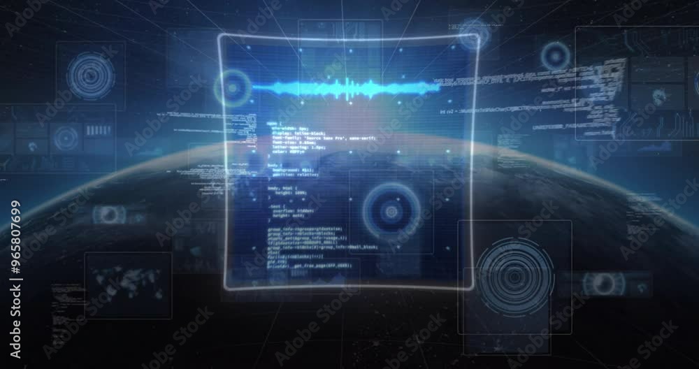 Poster animation of data processing over globe on black background