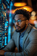 AI Cybersecurity Threat,  A Black IT specialist analyzes data for potential information technology privacy breaches using artificial intelligence tools and methods