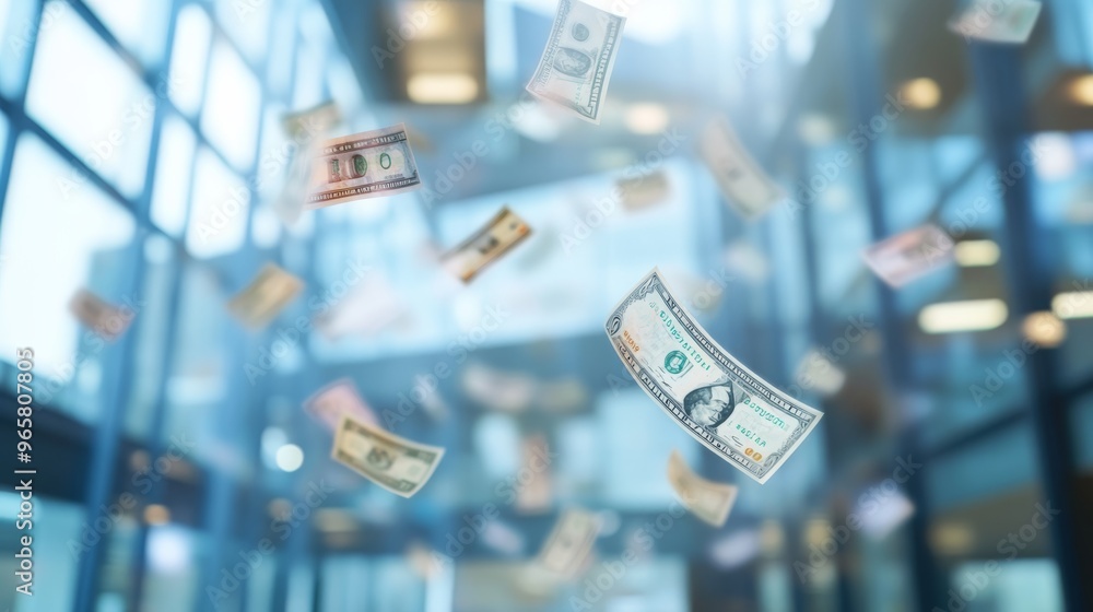 Poster currency notes floating in a corporate environment with glass walls