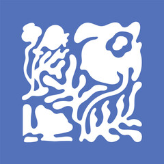 White silhouettes of flowers Matisse. Blue card with stylized floral pattern. Abstract plants shadows with twisted shape. Curved leaves print. Botanical wall art, decor. Flat vector illustration