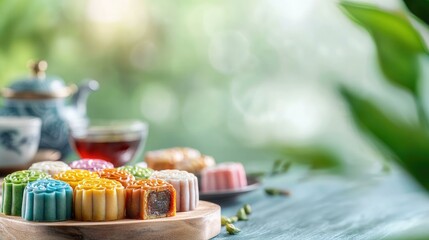 A beautifully arranged platter of colorful mooncakes with a traditional Chinese tea set elegantly positioned in the background, celebrating the culture and festive spirit of the Mid-Autumn Festival.