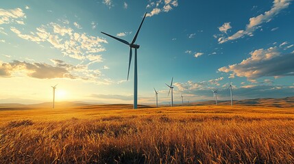 Obraz premium Wind Turbines Harnessing Renewable Energy, showcasing sustainable technology, emphasizing eco-friendly practices, and innovative design elements in a modern landscape