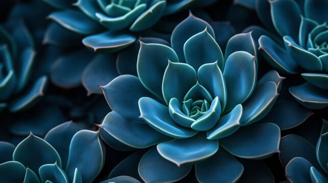 Close-up image of bluish-green succulent plants. The image captures the detailed texture and pattern of the succulent leaves, emphasizing their rosette shape and smooth surface.