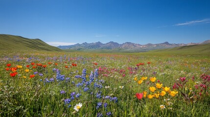 Fototapeta premium A vibrant arrangement of wildflowers in a meadow, mountains rising in the distance under a clear sky