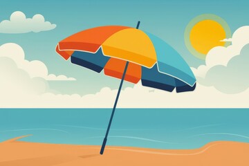 Colorful beach umbrella on the sand of the beach, sky with clouds and sun, sea in the background, vacation and summer concept.