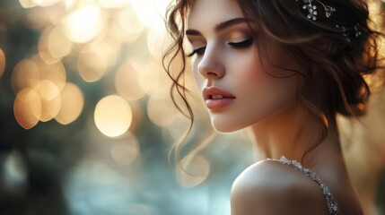 Glamorous woman in evening gown with soft-focus background