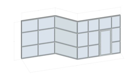 3D illustration of a floor-to-ceiling L-shaped window made of aluminum framing and thick 5mm transparent glass, featuring a single door integrated into the design for a sleek and modern aesthetic