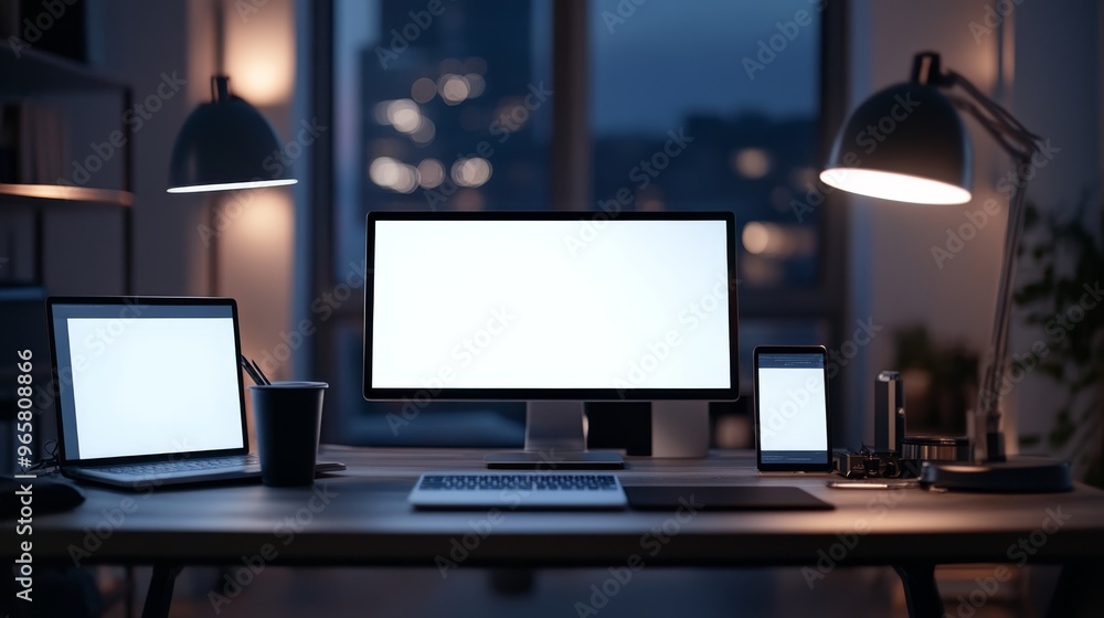 Poster High-tech setup monitor laptop tablet smartphone with ample copy space