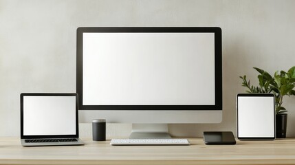 High-tech setup monitor laptop tablet smartphone with ample copy space