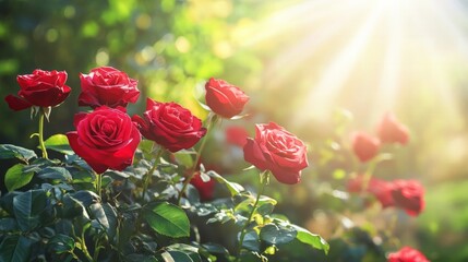 Lush bouquet of red roses, with soft green leaves and a warm sunlight-filled garden in the background