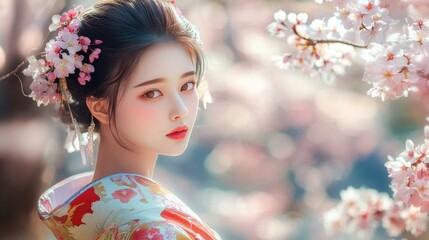 A beautiful Japanese girl wearing a traditional kimono, standing gracefully in a serene garden with cherry blossoms in full bloom