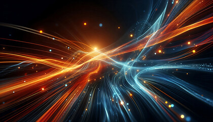 Abstract dynamic flowing lines in vibrant orange blue hues composition evokes a feeling of motion and light suggesting a digital or futuristic theme against a dark background