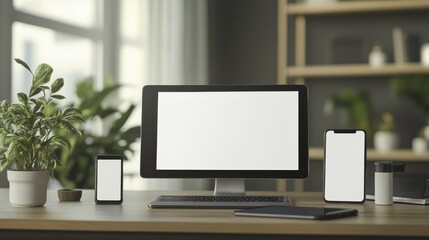 Modern workspace with monitor laptop tablet smartphone on desk with free space background