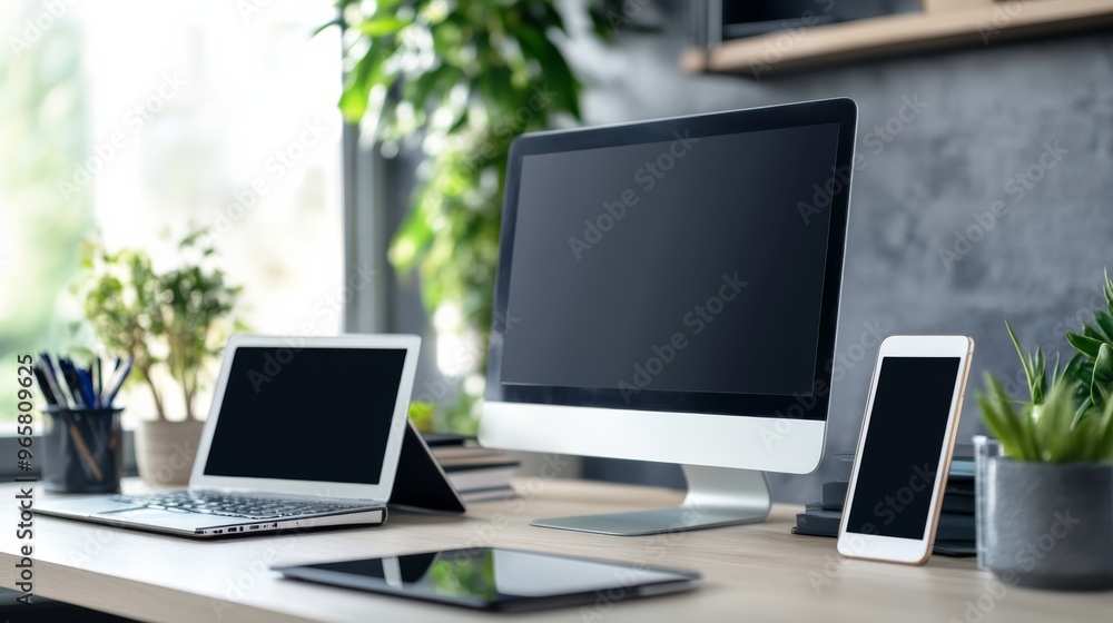 Poster office desk with monitor laptop tablet smartphone arranged neatly free space background
